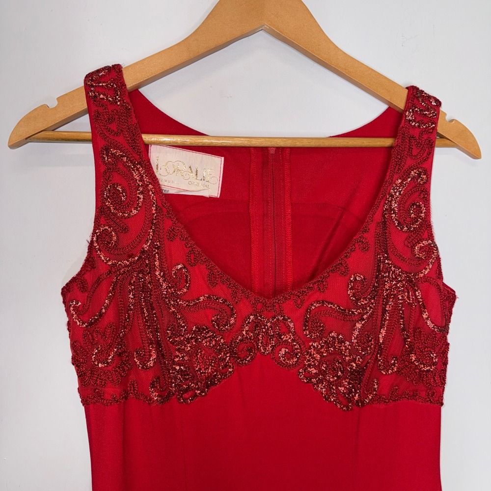 Loralie Original Vintage Red Embroidered Ruffle Maxi Dress V-Neck Formal Gown - Picture 1 of 10